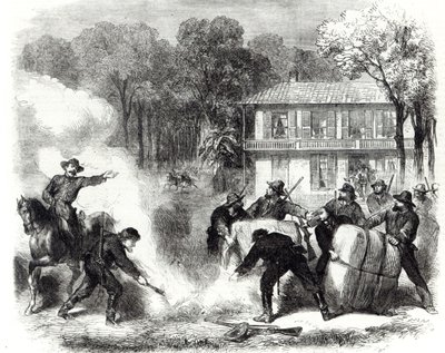 Quemadores de algodón confederados cerca de Memphis sorprendidos por exploradores federales durante la Guerra Civil Americana, 1862 de Frank Vizetelly